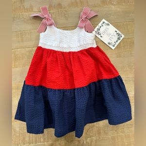 Baby girl Iris & Ivy tiered tie strap dress bloomers patriotic red white blue